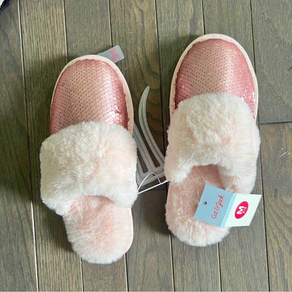 Pink Sequin Faux Fur Slide Slippers NWT KIDS